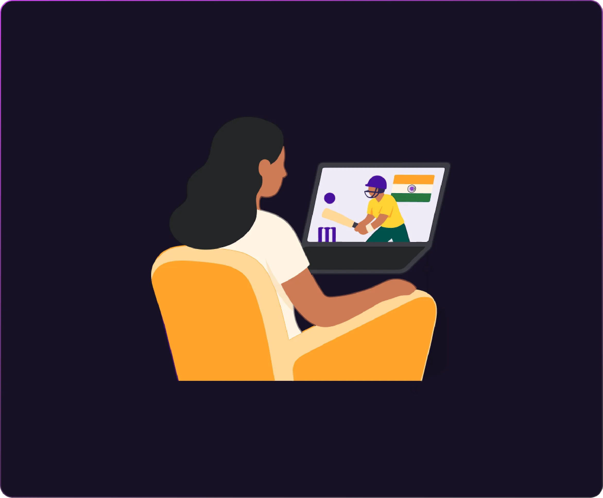 Illustration of a woman watching a cricket match on a laptop, showing a batter with a cricket bat, wicket, and the Indian flag—representing cricket streaming from India.